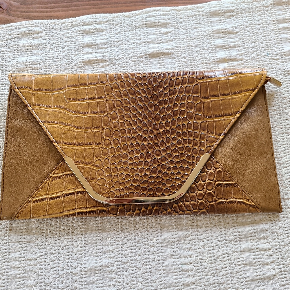 Tan Reptile Print Envelope Clutch